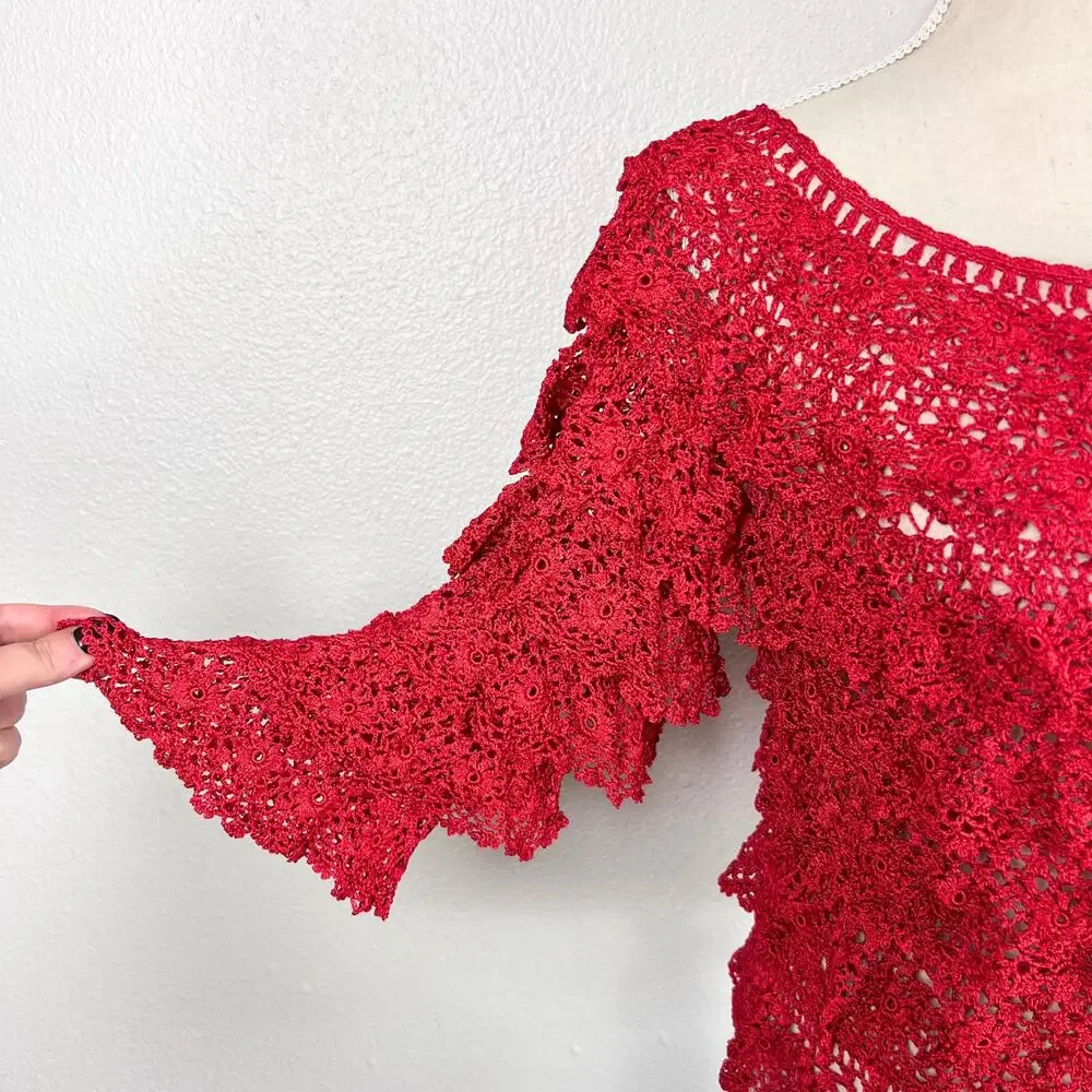 Anea A Red Crochet Lace Ruffle Sleeve Top S/M Boho Romantic Y2K Cottagecore - Picture 2 of 8